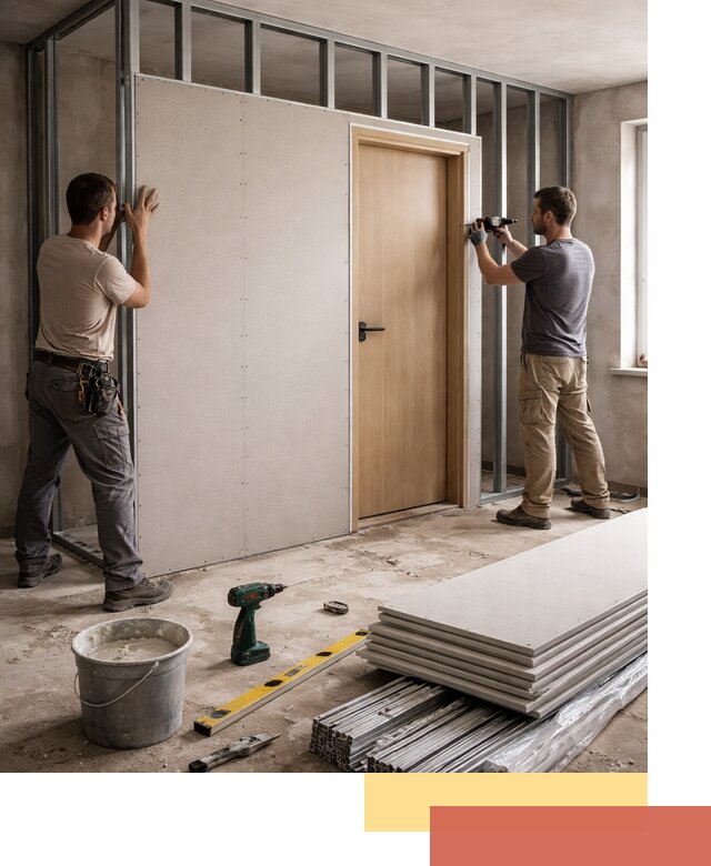 Перегородка из гипсокартона с дверью под ключ в Химках