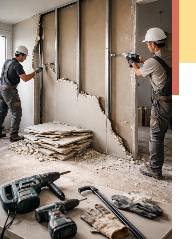 Демонтаж перегородки из гипсокартона в Химках от 1244 руб. быстро и недорого | ОТДЕЛОЧНИК-Хмк