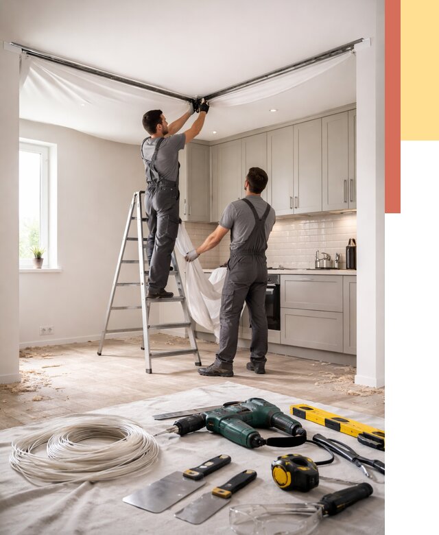 Установка натяжного потолка на кухне в Химках от 2488 руб. | ОТДЕЛОЧНИК-Хмк