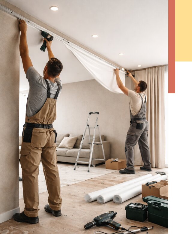 Монтаж натяжного потолка в гостиной в Химках от 570 руб. | ОТДЕЛОЧНИК-Хмк