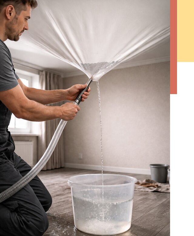 Слив воды с натяжного потолка в Химках от 2592 руб. быстро и недорого | ОТДЕЛОЧНИК-Хмк