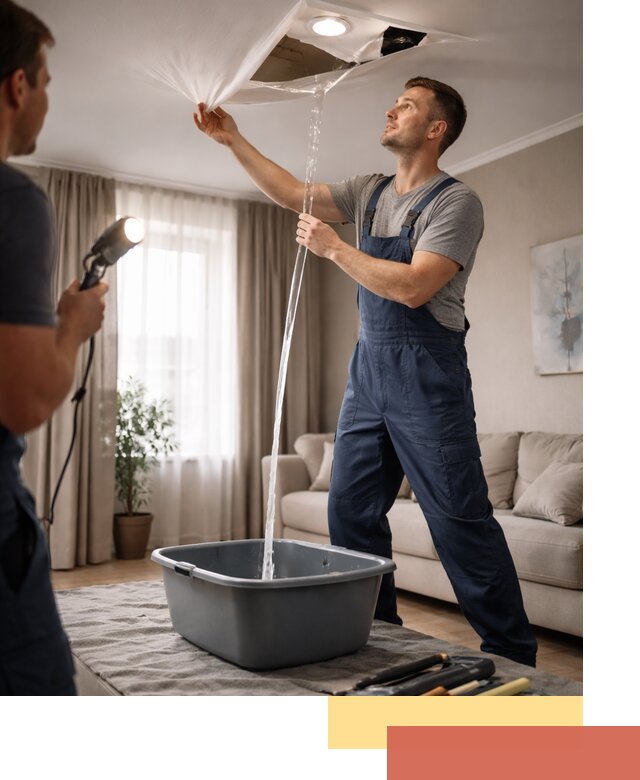 Слив воды с натяжного потолка в Химках быстро и аккуратно