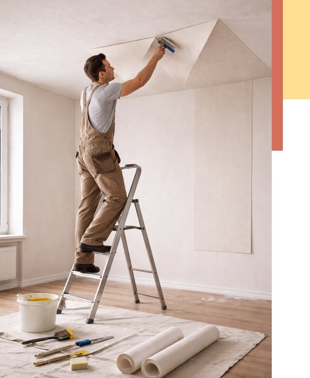 Поклейка обоев на потолок в Химках от 4665 руб. быстро и недорого | ОТДЕЛОЧНИК-Хмк